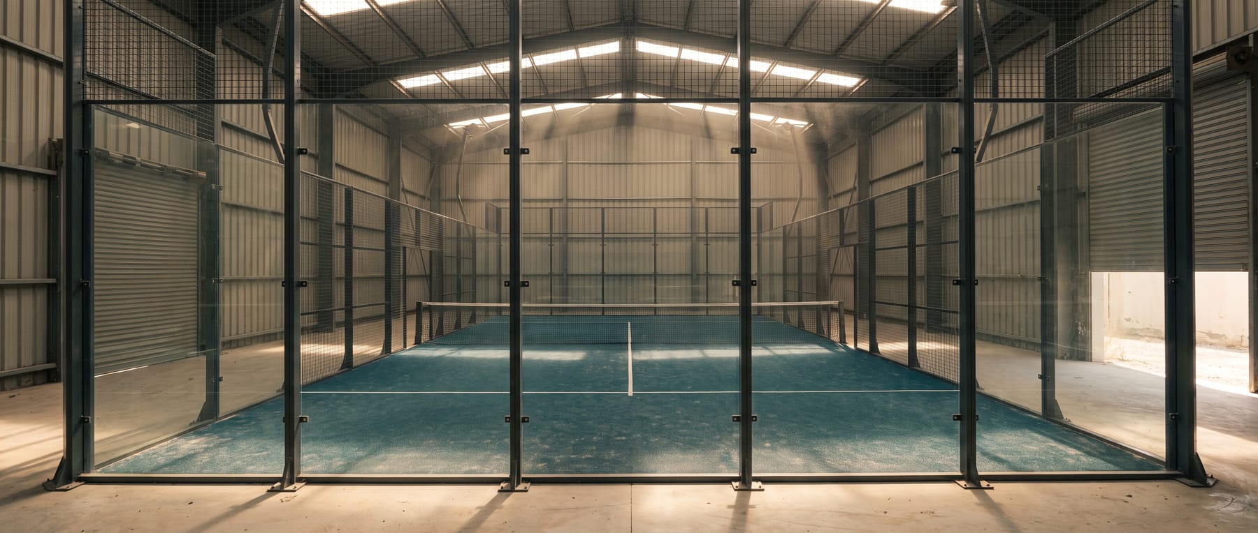 An empty padel court enclosed in glass and steel mesh inside a corrugated-metal warehouse, lit by hard afternoon sun falling through roof panels.