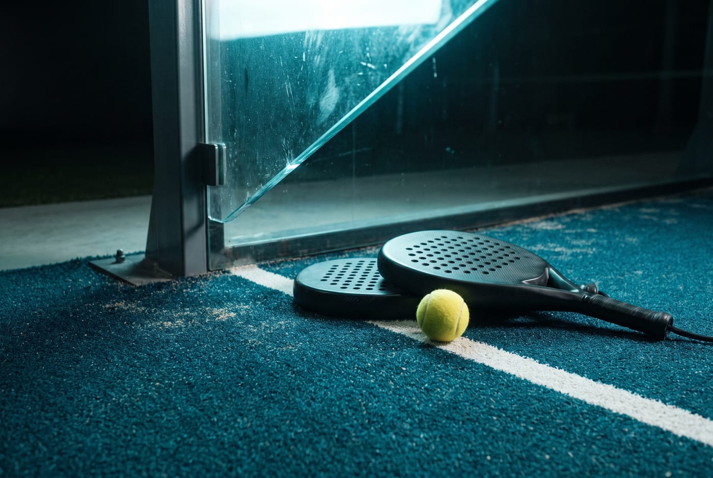 Two black perforated padel rackets and a yellow ball resting on blue artificial turf beside a white court line, at the foot of a glass wall panel.